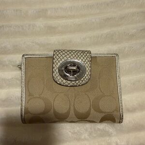 Coach Beige Signature Canvas Wallet with Silver Turnlock